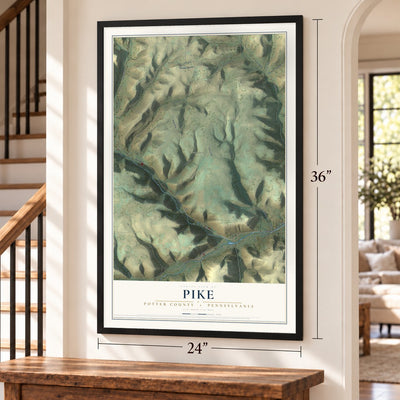 Pike, Potter County, Pennsylvania map, 24 x 36 inch print in a black frame by a staircase