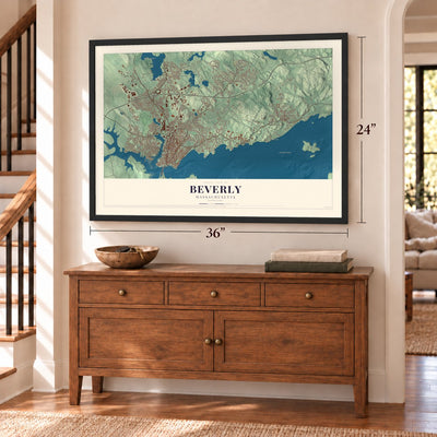 Beverly, Massachusetts map, 24 x 36 inch print in a black frame above a dresser by a staircase