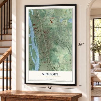 Newport, Minnesota map, 24 x 36 inch print in a black frame by a staircase