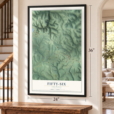 Fifty-Six, Arkansas map, 24 x 36 inch print in a black frame by a staircase