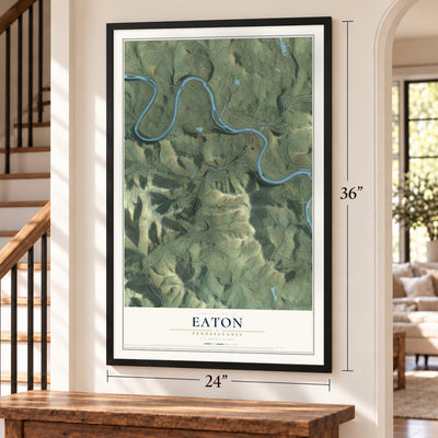 Eaton, Pennsylvania map, 24 x 36 inch print in a black frame by a staircase