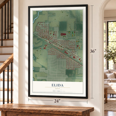 Elida, Ohio map, 24 x 36 inch print in a black frame by a staircase