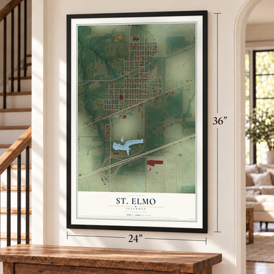 St. Elmo, Illinois map, 24 x 36 inch print in a black frame by a staircase