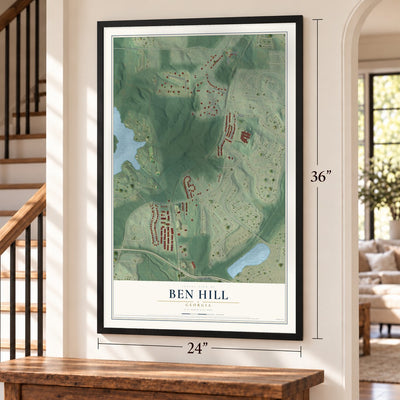Ben Hill, Georgia map, 24 x 36 inch print in a black frame by a staircase