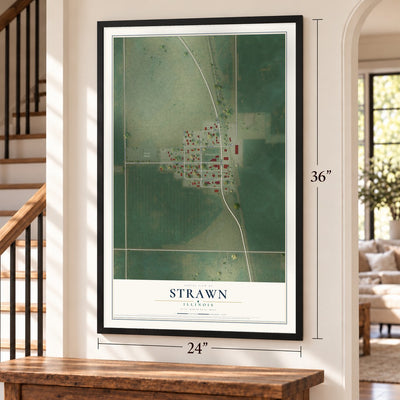 Strawn, Illinois map, 24 x 36 inch print in a black frame by a staircase