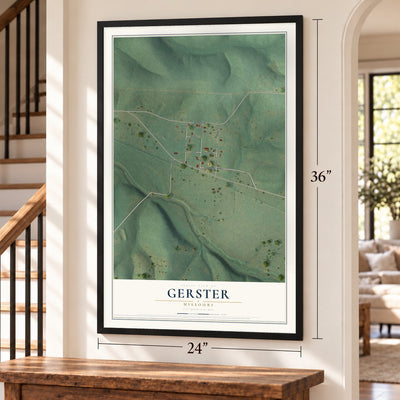 Gerster, Missouri map, 24 x 36 inch print in a black frame by a staircase
