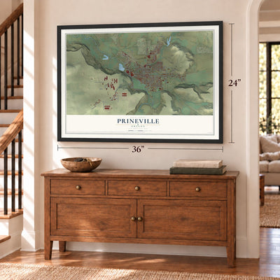 Prineville, Oregon map, 24 x 36 inch print in a black frame above a dresser by a staircase