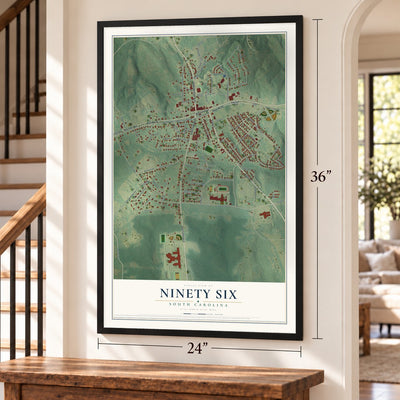 Ninety Six, South Carolina map, 24 x 36 inch print in a black frame by a staircase