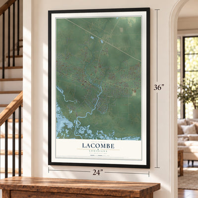 Lacombe, Louisiana map, 24 x 36 inch print in a black frame by a staircase