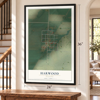 Harwood, Missouri map, 24 x 36 inch print in a black frame by a staircase