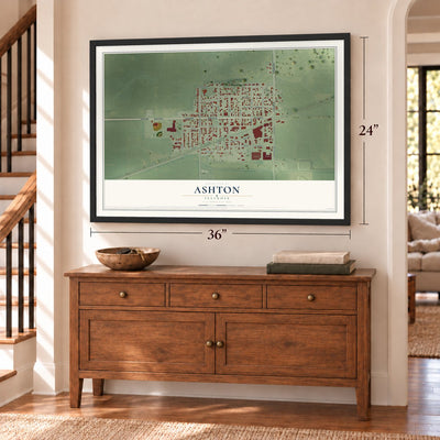 Ashton, Illinois map, 24 x 36 inch print in a black frame above a dresser by a staircase