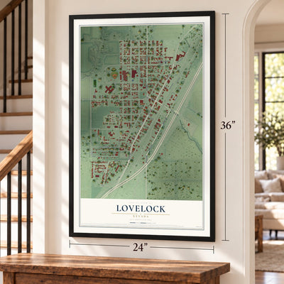 Lovelock, Nevada map, 24 x 36 inch print in a black frame by a staircase