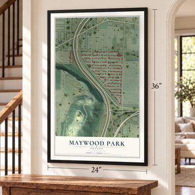 Maywood Park, Oregon map, 24 x 36 inch print in a black frame by a staircase