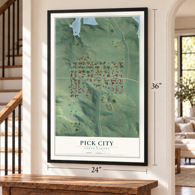 Pick City, North Dakota map, 24 x 36 inch print in a black frame by a staircase