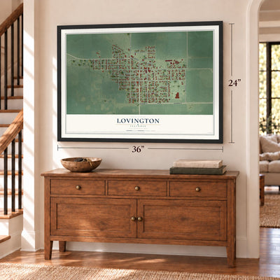 Lovington, Illinois map, 24 x 36 inch print in a black frame above a dresser by a staircase