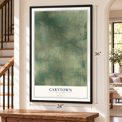 Carytown, Missouri map, 24 x 36 inch print in a black frame by a staircase