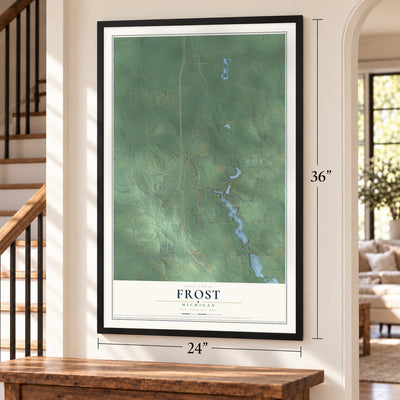 Frost, Michigan map, 24 x 36 inch print in a black frame by a staircase