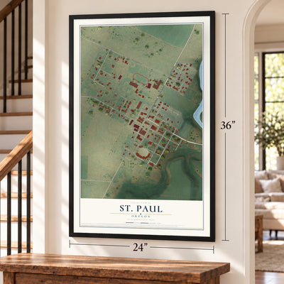 St. Paul, Oregon map, 24 x 36 inch print in a black frame by a staircase