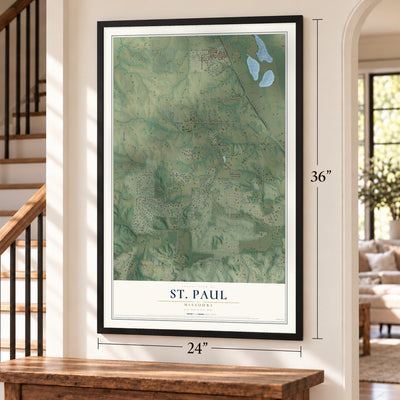 St. Paul, Missouri map, 24 x 36 inch print in a black frame by a staircase