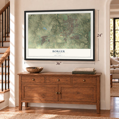 Borger, Texas map, 24 x 36 inch print in a black frame above a dresser by a staircase