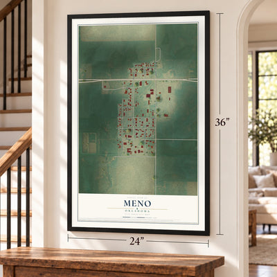 Meno, Oklahoma map, 24 x 36 inch print in a black frame by a staircase