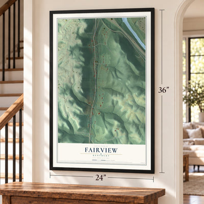 Fairview, Kentucky map, 24 x 36 inch print in a black frame by a staircase