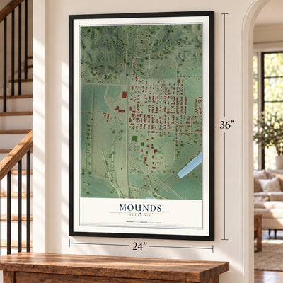 Mounds, Illinois map, 24 x 36 inch print in a black frame by a staircase