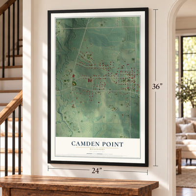 Camden Point, Missouri map, 24 x 36 inch print in a black frame by a staircase