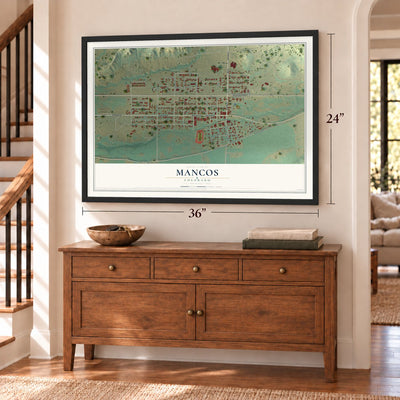 Mancos, Colorado map, 24 x 36 inch print in a black frame above a dresser by a staircase