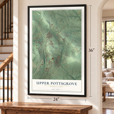 Upper Pottsgrove, Pennsylvania map, 24 x 36 inch print in a black frame by a staircase