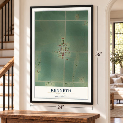 Kenneth, Minnesota map, 24 x 36 inch print in a black frame by a staircase
