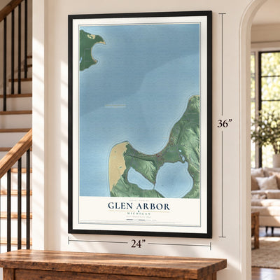 Glen Arbor, Michigan map, 24 x 36 inch print in a black frame by a staircase