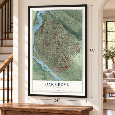Oak Grove, Oregon map, 24 x 36 inch print in a black frame by a staircase