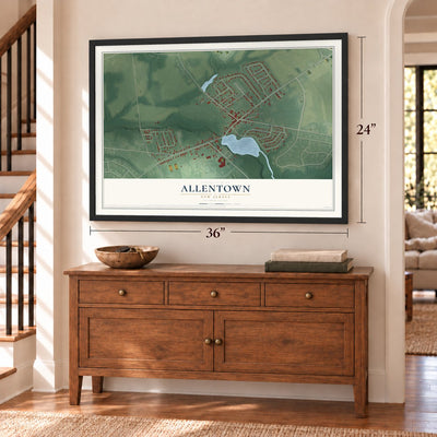 Allentown, New Jersey map, 24 x 36 inch print in a black frame above a dresser by a staircase