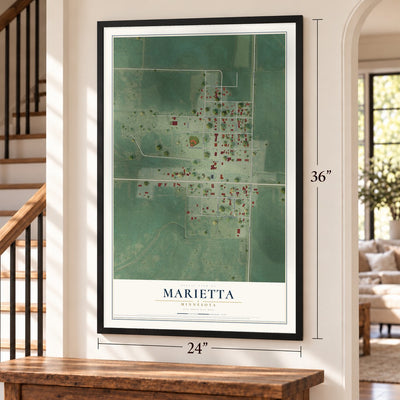Marietta, Minnesota map, 24 x 36 inch print in a black frame by a staircase