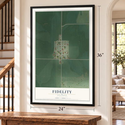 Fidelity, Illinois map, 24 x 36 inch print in a black frame by a staircase