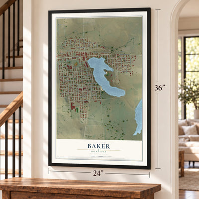 Baker, Montana map, 24 x 36 inch print in a black frame by a staircase
