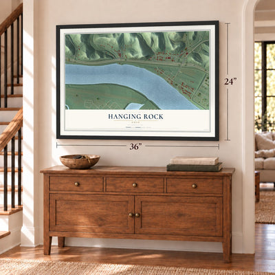 Hanging Rock, Ohio map, 24 x 36 inch print in a black frame above a dresser by a staircase