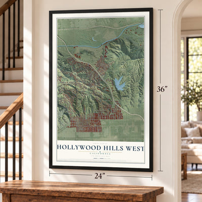 Hollywood Hills West, California map, 24 x 36 inch print in a black frame by a staircase