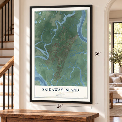 Skidaway Island, Georgia map, 24 x 36 inch print in a black frame by a staircase