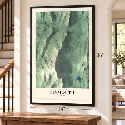 Tinmouth, Vermont map, 24 x 36 inch print in a black frame by a staircase
