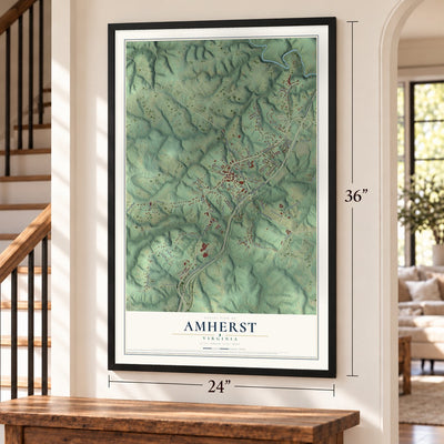Amherst, Virginia map, 24 x 36 inch print in a black frame by a staircase