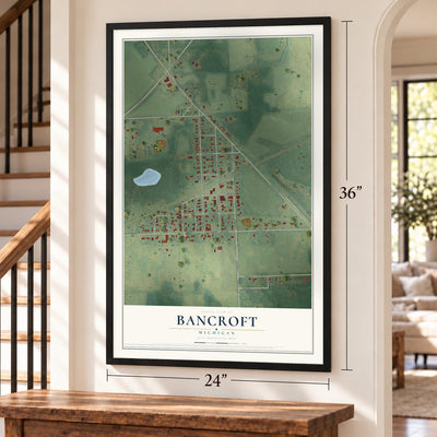 Bancroft, Michigan map, 24 x 36 inch print in a black frame by a staircase