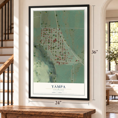 Yampa, Colorado map, 24 x 36 inch print in a black frame by a staircase