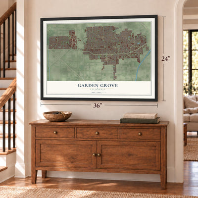 Garden Grove, California map, 24 x 36 inch print in a black frame above a dresser by a staircase