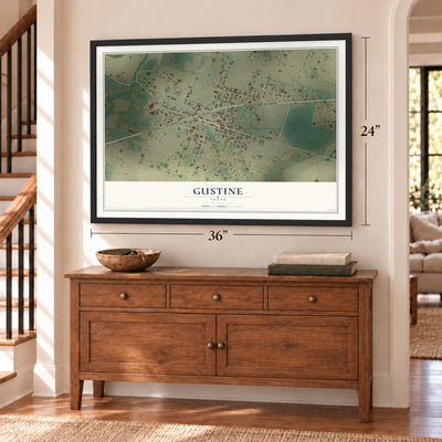Gustine, Texas map, 24 x 36 inch print in a black frame above a dresser by a staircase