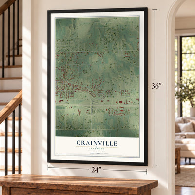 Crainville, Illinois map, 24 x 36 inch print in a black frame by a staircase