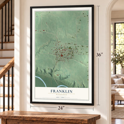 Franklin, Minnesota map, 24 x 36 inch print in a black frame by a staircase