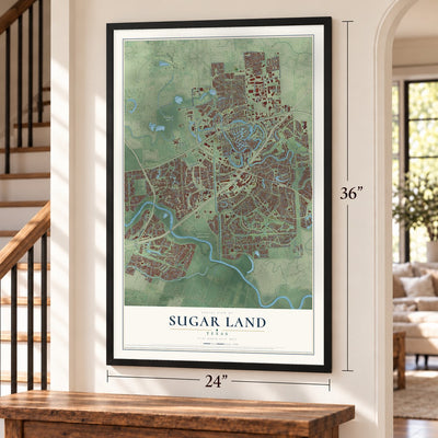 Sugar Land, Texas map, 24 x 36 inch print in a black frame by a staircase