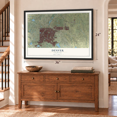 Denver, Colorado map, 24 x 36 inch print in a black frame above a dresser by a staircase